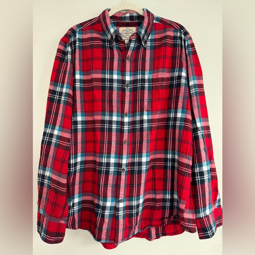 St. John's Bay Red and Black Plaid Men's Shirt (Size L)